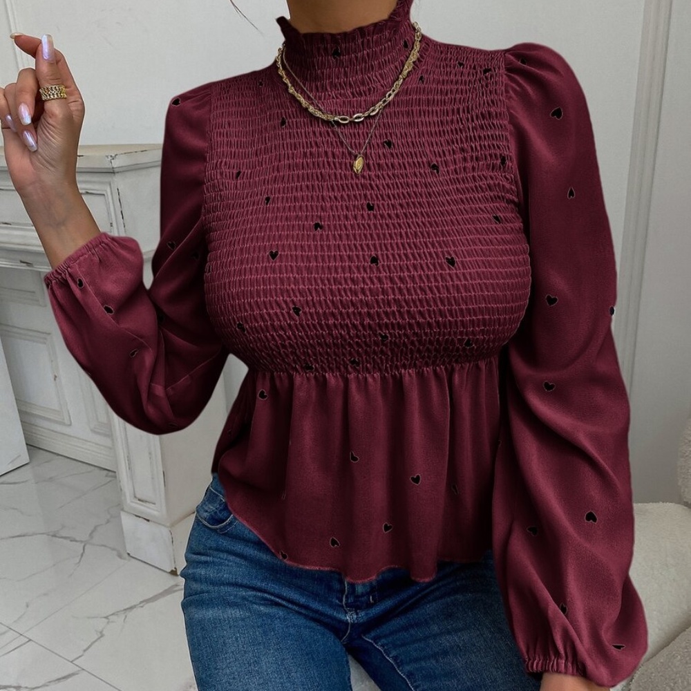 Boho Burgundy Red Heart Print Frill Neck Top - Picture 1 of 7